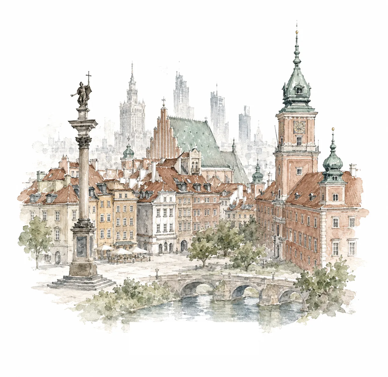 Watercolor illustration of Warsaw — the Old Town, Royal Castle, and Sigismund's Column